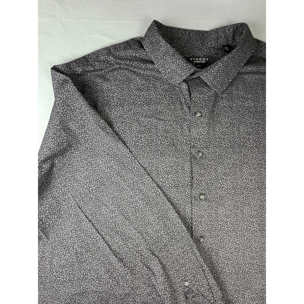 Synrgy Stretch Mens 2XLT Grey Black Micro Pattern Long Sleeve Button Down Shirt